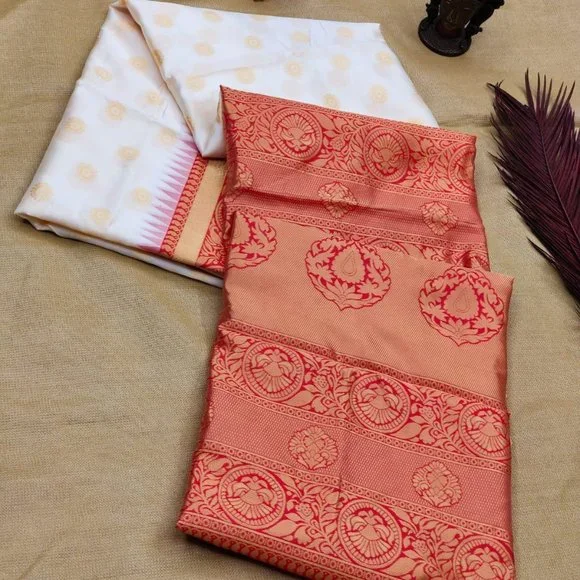 BEAUTIFUL WHITE AND RED SOFT SILK COMBINATION SAREE AND CONTRAST BLOUSE - Picture 6 of 9